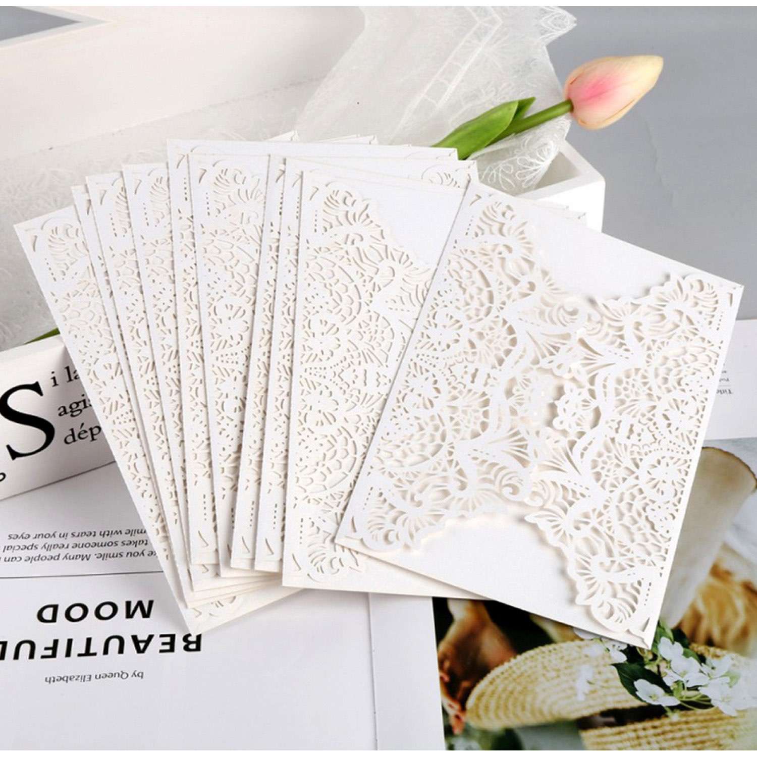 Wholesale White Laser Holder Rose Pattern Invitation Card